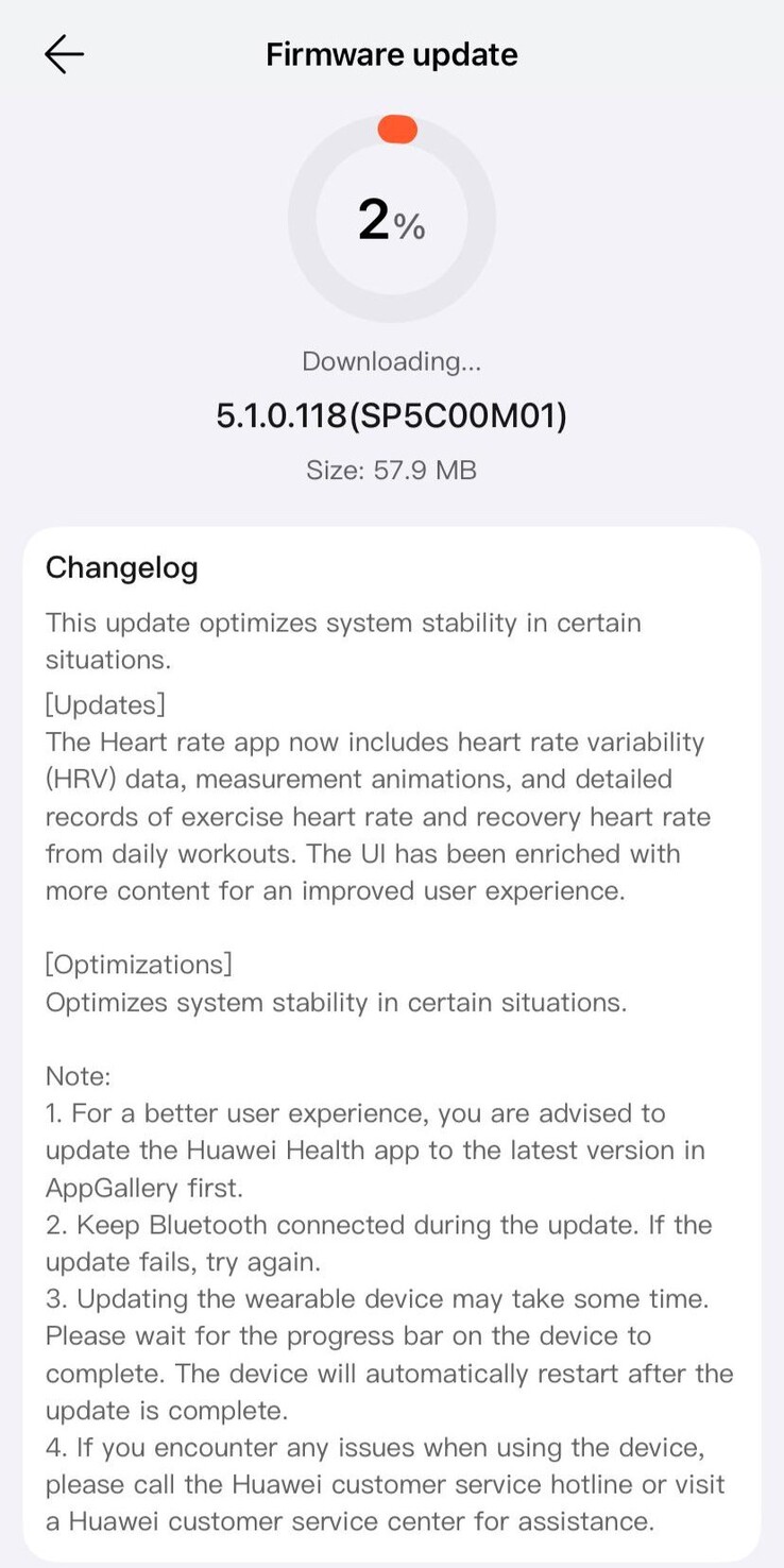 De release notes voor softwareversie 5.1.0.118 voor de Huawei Watch Fit 4 Pro. (Afbeeldingsbron: u/Cakerist via Reddit)