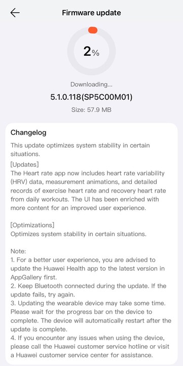 De release notes voor softwareversie 5.1.0.118 voor de Huawei Watch Fit 4 Pro. (Afbeeldingsbron: u/Cakerist via Reddit)