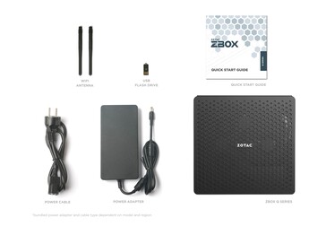 De ZBOX QTG7A4500, zijn doos en zijn accessoires als standaard. (Bron: ZOTAC)