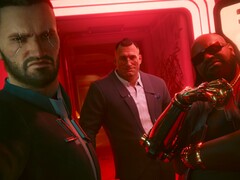 Cyberpunk 2077 protagonist &#039;V&#039; links, Jackie in het midden, en Dexter DeShawn rechts. (Afbeeldingsbron: CD Projekt Red)