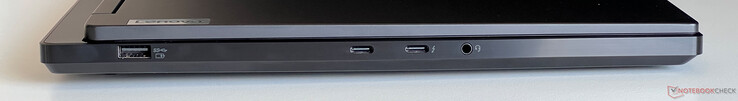 Links: USB-A 3.2 Gen.1 (5 Gbit/s), USB-C 3.2 Gen.2 (10 Gbit/s, DisplayPort ALT-modus 1.4, Power Delivery 3.0), USB-C 4.0 met Thunderbolt 4 (40 GBit/s, DisplayPort Alt-modus 1.4, Power Delivery 3.0), 3,5 mm audio-aansluiting
