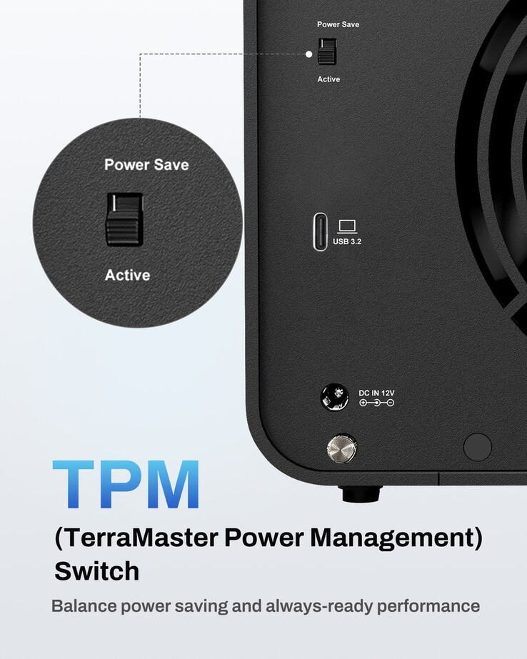 De afbeelding toont de speciale energiebesparingsfunctie van de TerraMaster D8 Hybrid 2 DAS 