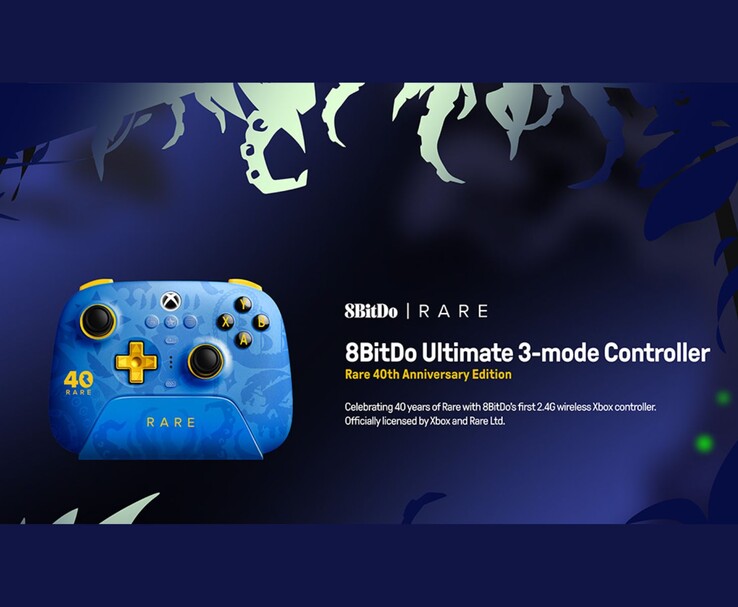 Officiële promo van de 8BitDo Ultimate 3-mode Controller Rare 40th Anniversary Edition, met het ontwerp en de branding van de controller. (Afbeelding Bron: Officiële 8BitDo promotieposter)