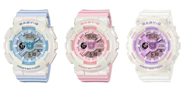 Van links naar rechts: de Casio Baby-G BA-110PD-2A, BA-110PD-4A en BA-110PS-7A horloges
