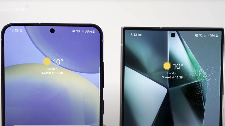Aan het einde van de vergelijkingstest heeft de Galaxy S24+ (links) aanzienlijk minder resterende looptijd dan de Galaxy S24 Ultra (rechts, afbeelding: TheTechChap)