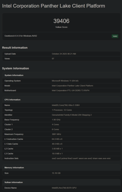 Intel Core Ultra 5 328H Geekbench notering (bron: Geekbench)
