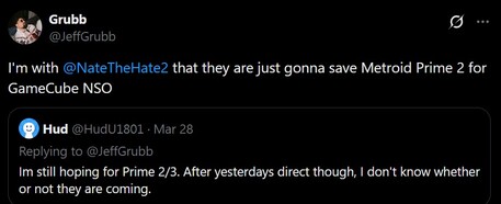Jeff Grubb Metroid Prime en Zelda remasters X post (Afbeelding bron: screenshot, Jeff Grubb X account)