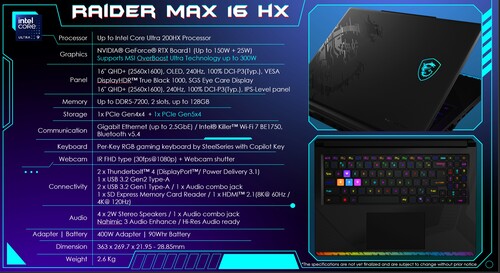 MSI Raider 16 Max HX specificaties worden getoond (Afbeelding bron: MSI PR)