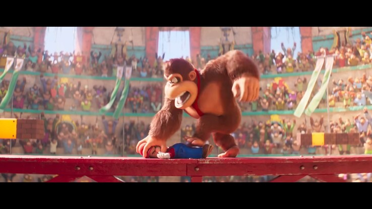 Mario en Donkey Kong vechten in The Super Mario Bros. film (bron: screenshot, UIP Singapore)