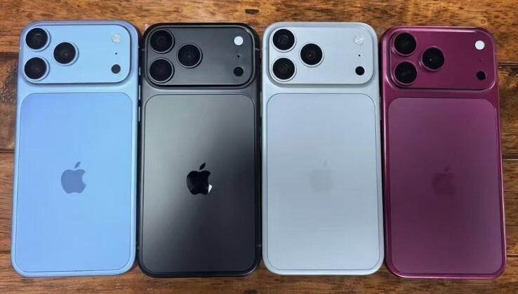 Uitgelekte iPhone 18 Pro designmodellen tonen lichtblauwe, zwarte, zilveren en donker kersen kleurvarianten.