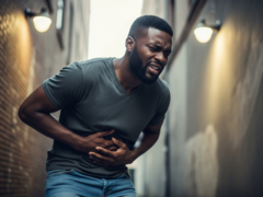 Een zwarte man klemt zijn buik vast (Afbeeldingsbron: AI-gegenereerde afbeelding)