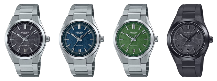 Van links naar rechts: de Casio EFK-100CD-1A, EFK-100D-2A, EFK-100D-3A en EFK-100XPB-1A horloges. (Afbeeldingsbron: Casio, bewerkt)
