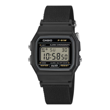 Casio F-91WF-1A digitaal horloge met een zwarte kast en een zwarte geweven stoffen band.