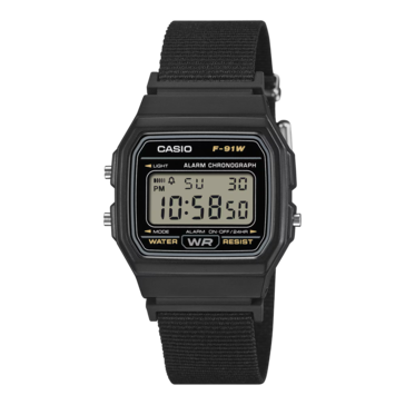 Casio F-91WF-1A met een zwarte stoffen band.