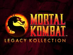 Mortal Kombat: Legacy Kollection-logo met het iconische drakenembleem met rode en gele gradiënttekst op een donkere gebarsten achtergrond (Afbeelding bron: Warner Bros. Games / NetherRealm Studios)