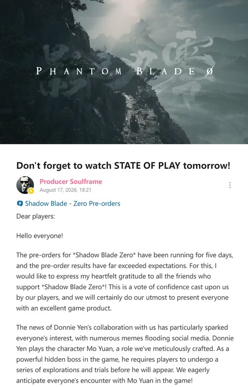 Liang Qiwei van S-Game geeft een update over de voorbestellingen van Phantom Blade Zero