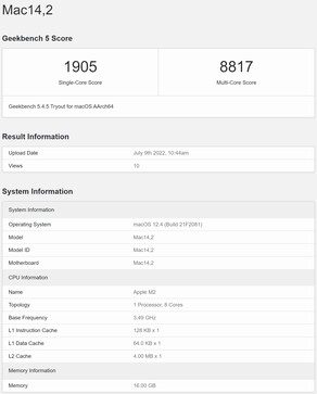 Representatieve M2 MacBook Air invoer. (Afbeelding bron: Geekbench)