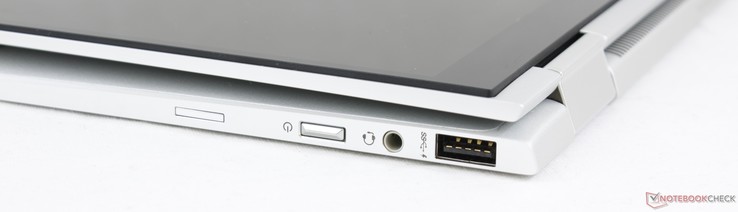 Linkerkant: USB 3.1 Type-A, 3.5 mm audiopoort, Power button, Nano-SIM slot (optioneel)