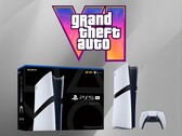PS5 Pro console afgebeeld onder GTA 6 logo (Afbeelding bron: Sony PlayStation, Rockstar Games met bewerkingen)