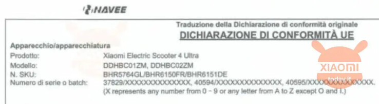 Een conformiteitsverklaring voor de Xiaomi Electric Scooter 4 Ultra in Italië. (Afbeelding bron: XiaomiToday.it)