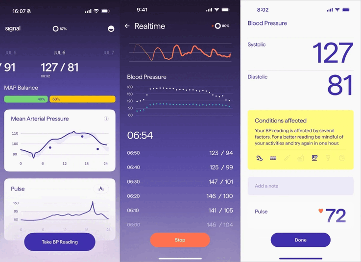 De Signal Ring-app geeft bloeddrukwaarden weer die continu op de achtergrond worden geregistreerd.
