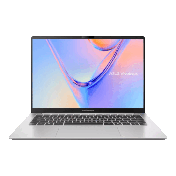 Asus Vivobook S14 van voren getoond met het scherm open