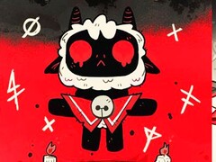 Het Lam, door fans ook wel Lambert genoemd, uit Cult of the Lamb zweeft tegen een rode en zwarte achtergrond met rode ogen, kleine hoorns en rituele symbolen eromheen. (Afbeeldingsbron: Massive Monster studio voor spelontwikkeling)