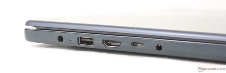 Links: netadapter, USB-A (5 Gbps), HDMI 1.4, USB-C (5 Gbps) met Power Delivery 3.0 + DisplayPort 1.2, 3,5 mm-hoofdtelefoonaansluiting