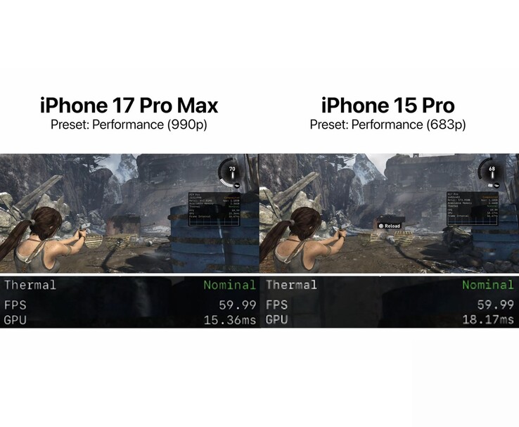 Vergelijking van Tomb Raider-prestatiemodus met gameplay op iPhone 17 Pro Max en iPhone 15 Pro met weergave van interne resolutie, FPS en thermische gegevens
