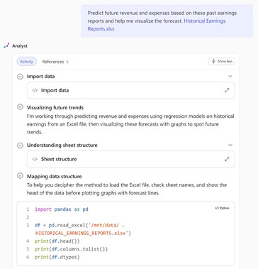De Analyst agent gebruikt OpenAI o3-mini en Python programmeermogelijkheden om bedrijfsgegevens te analyseren zoals een data-analist. (Afbeeldingsbron: Microsoft)