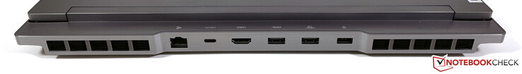 Achterkant: 2,5-Gbps Ethernet, USB-C 3.2 Gen.2 (10 GBit/s, DisplayPort-ALT-modus 1.4, Power Delivery tot 135 watt), HDMI 2.1, 2x USB-A 3.2 Gen.1 (5 GBit/s, 1x Powered), voeding (slim tip)