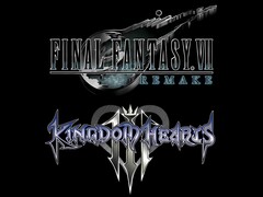 Final Fantasy 7 Remake en Kingdom Hearts logo&#039;s (bron: Square Enix, Disney met bewerkingen)