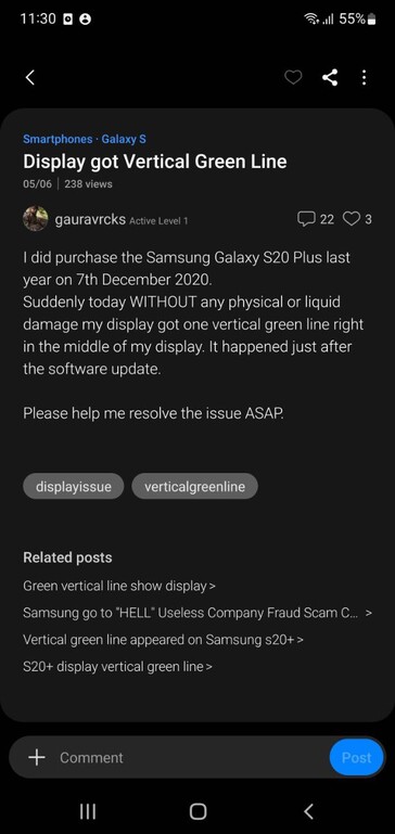 Gebruikers klagen over Galaxy S20 Plus displayproblemen op Samsung Members (afbeelding via eigen)