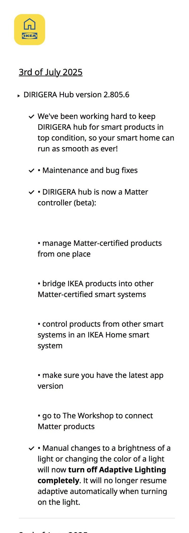 De release notes voor IKEA Dirigera Hub software versie 2.805.6. (Afbeeldingsbron: IKEA via Reddit)
