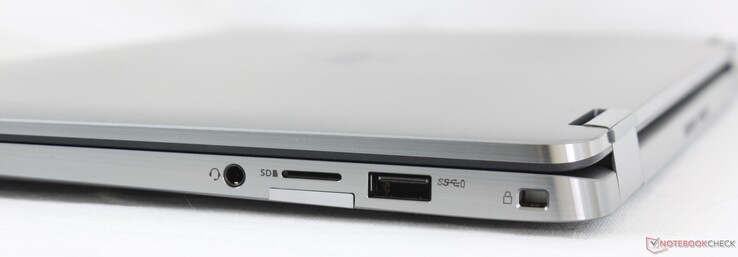 Rechterkant: 3.5 mm audiopoort, MicroSD kaartlezer, Micro-SIM slot (optionele WWAN), USB-A 3.2 Gen. 1, Noble Lock