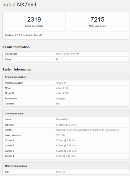 Redmagic 9S Pro Geekbench notering (afbeelding via Geekbench)