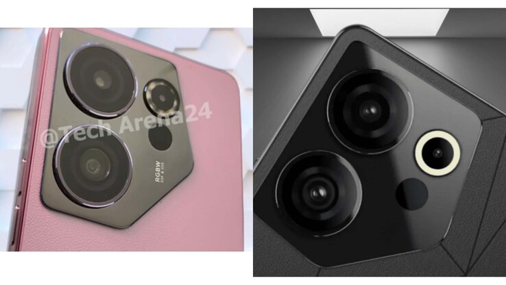 De vermeende Camon 20 Premier 5G real-life afbeelding (links), met rechts een render van zijn vermeende zwarte versie. (Bron: TheCluesTech)