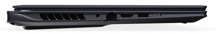 Linkerkant: stroomaansluiting, Gigabit Ethernet, HDMI, USB 3.2 Gen 2 (USB-A), Thunderbolt 4 (USB-C; Power Delivery, DisplayPort)