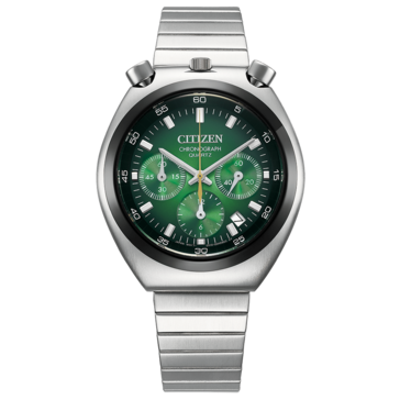 Vooraanzicht van de Citizen Tsuno Chronograph AN3714-76W, met een groene wijzerplaat met kleurverloop.