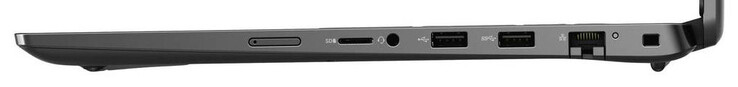Rechterkant: SIM-kaarthouder (optioneel), geheugenkaartlezer (MicroSD), audiocombo, USB 2.0 (USB-A), USB 3.2 Gen 1 (USB-A), Gigabit Ethernet, sleuf voor een kabelslot