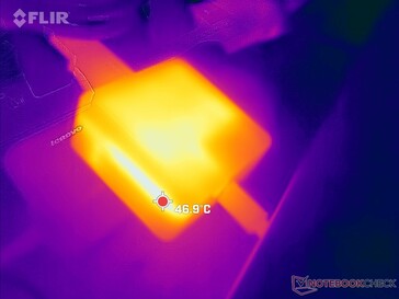AC-adapter kan 47 C bereiken bij langdurig gebruik van zware lasten