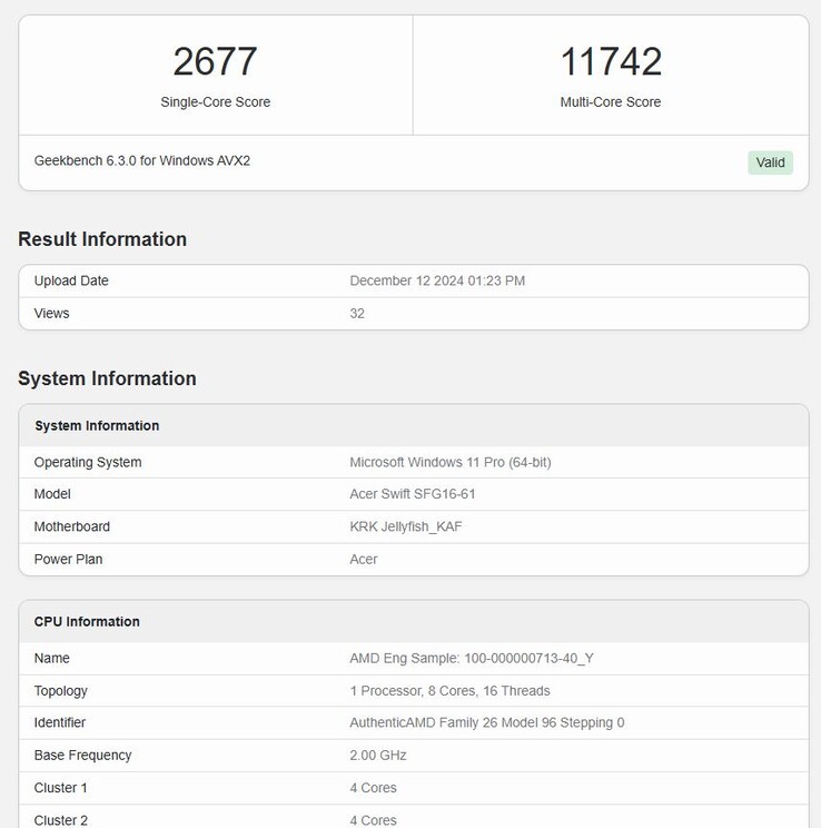 AMD's aankomende 8-core Ryzen AI 7 350 heeft zijn Geekbench-debuut gemaakt met behoorlijke scores. (Afbeeldingsbron: Geekbench)