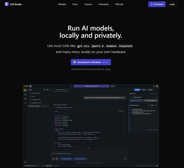 LM Studio is een van de gebruiksvriendelijkste programma’s voor lokale AI: u kunt modellen laden en volledig offline op uw eigen computer chatten.