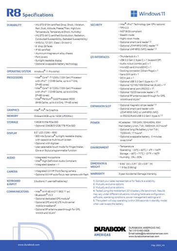 Durabook R8 specificaties (Bron: Durabook)