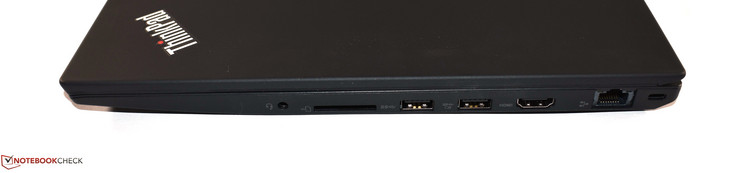 Rechterkant: gecombineerde audiopoort, SD kaartlezer, 2x USB 3.0 Type A, HDMI, RJ45 Ethernet, Kensington Lock