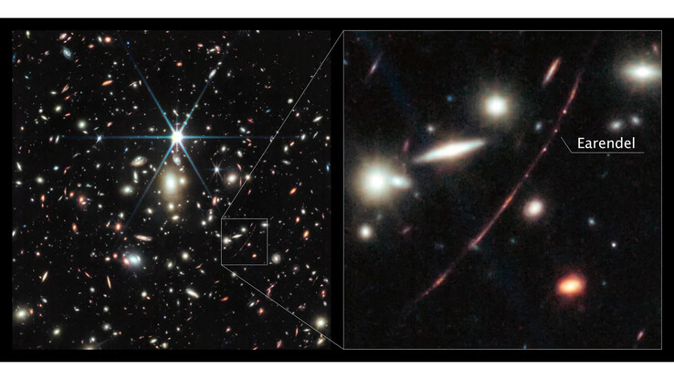 Een galactische cluster in de linkerafbeelding vergroot het licht van wat werd waargenomen als de meest verre ster in het heelal in de rechterafbeelding. (Afbeeldingsbron: NASA, ESA, CSA, D. Coe, B. Welch)