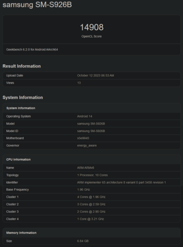 Exynos 2400 OpenCL benchmark (afbeelding via Geekbench)