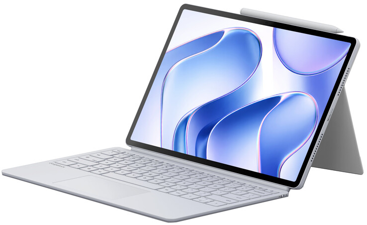 De Googlebook Duet m met het afneembare toetsenbord, de standaard en de Pen Pro bevestigd.