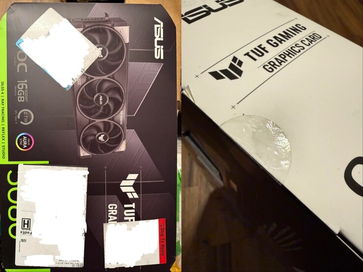 Verpakking voor de Asus TUF RTX 5080 GPU besteld bij Best Buy. (Afbeeldingsbron: GnarDead op Reddit)
