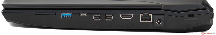 Rechterkant: kaartlezer, USB 3.1 Gen 1, USB 3.1 Gen 2 Type-C, 2x Mini DisplayPort, HDMI 2.0, Ethernet, stroomaansluiting, Kensington lock